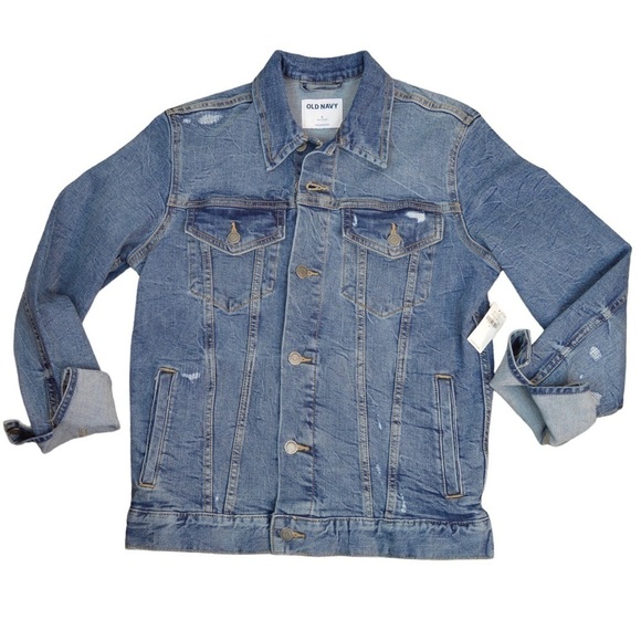 NWT Old Navy Distressed Medium Wash Denim Jacket Built-In Flex, Small - Picture 1 of 10